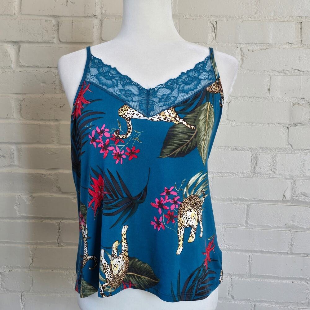 Joyspun Medium Teal Blue Leopard Palm Print Lace Trim Cami Top┃Dreamy Soft